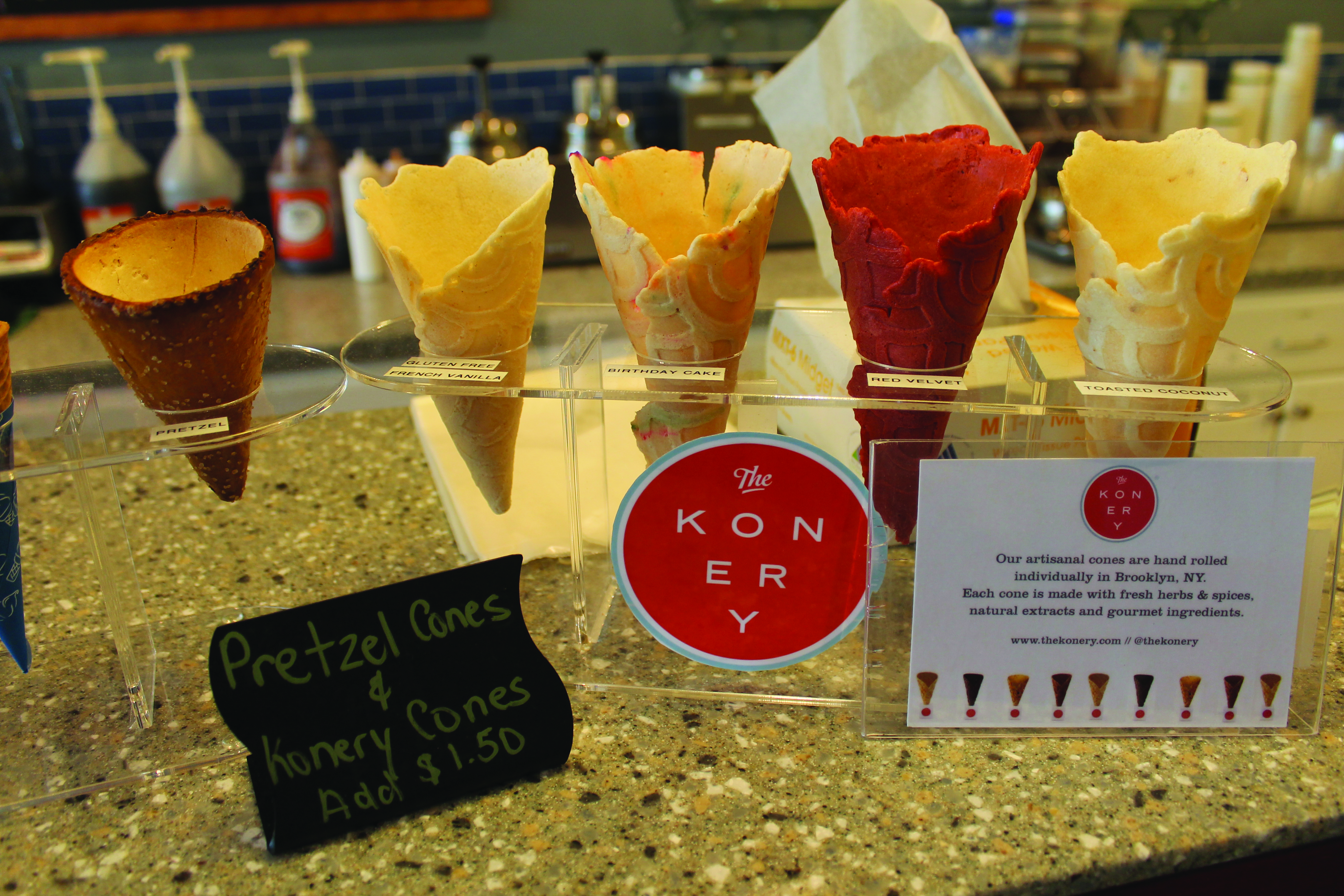 The store also offers many different cones, including a pretzel cone.