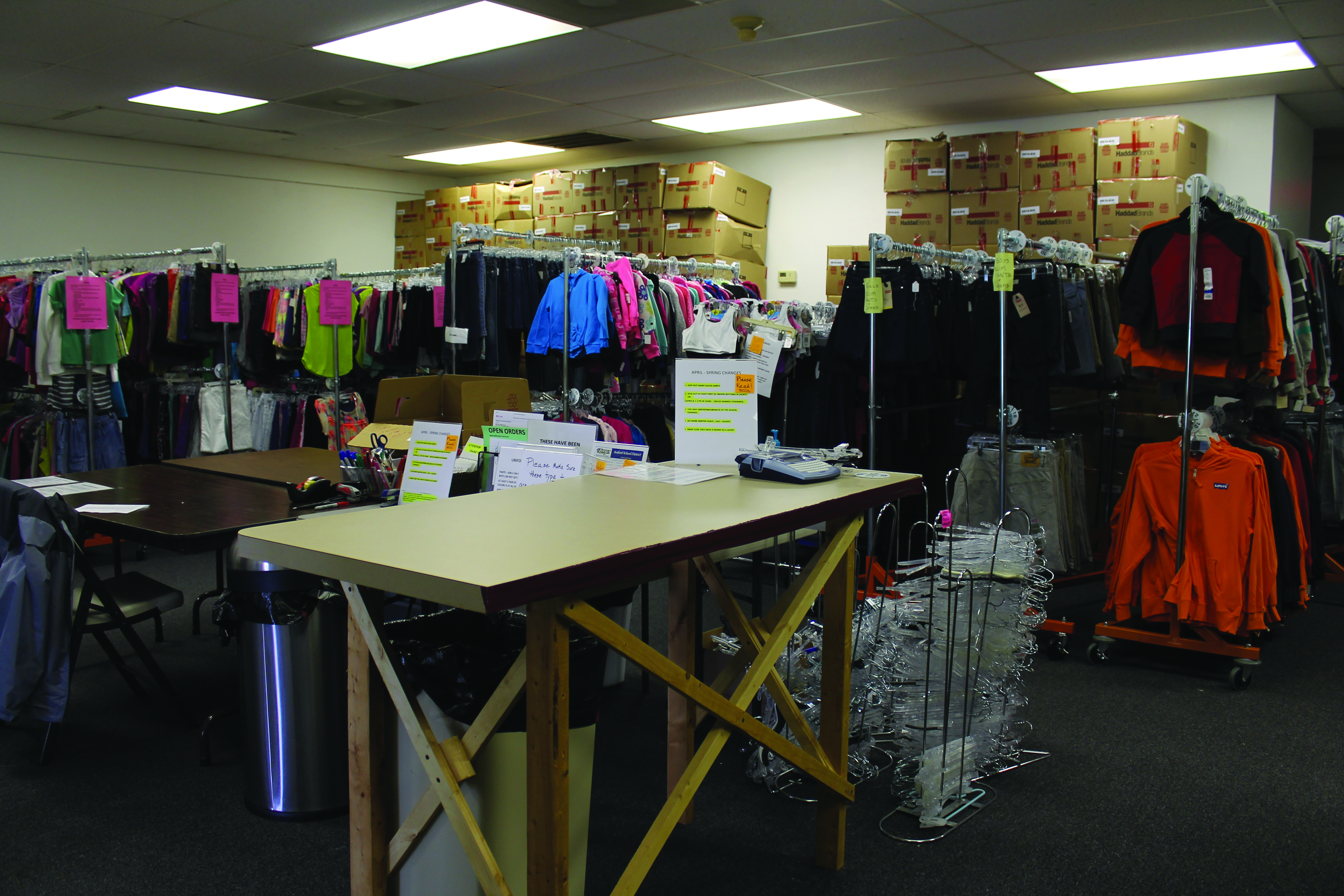Clothing racks line the inside of  the Clothing Our Kids headquarters  near Millsboro.