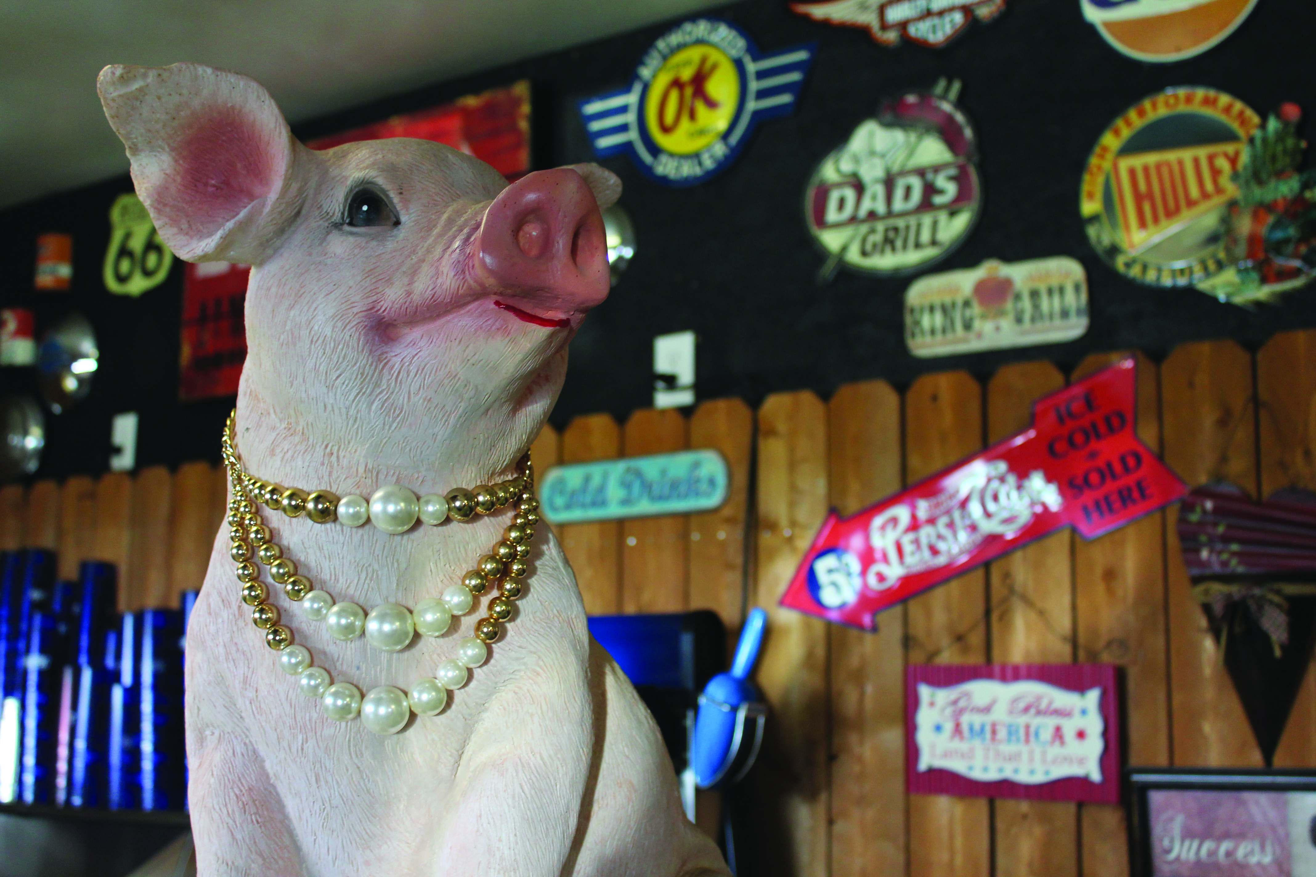 The pig at the end of the counter greets customers as they enter  the restaurant.