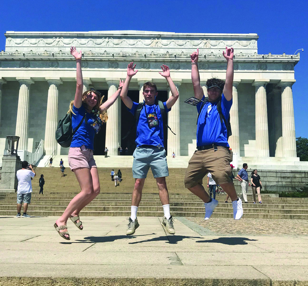 Grace Sekscinski, Kegan Walker and Taylor Davis at the Lincoln Memorial during the 54th annual National Rural Electric Cooperative Association’s (NRECA) Youth Tour.