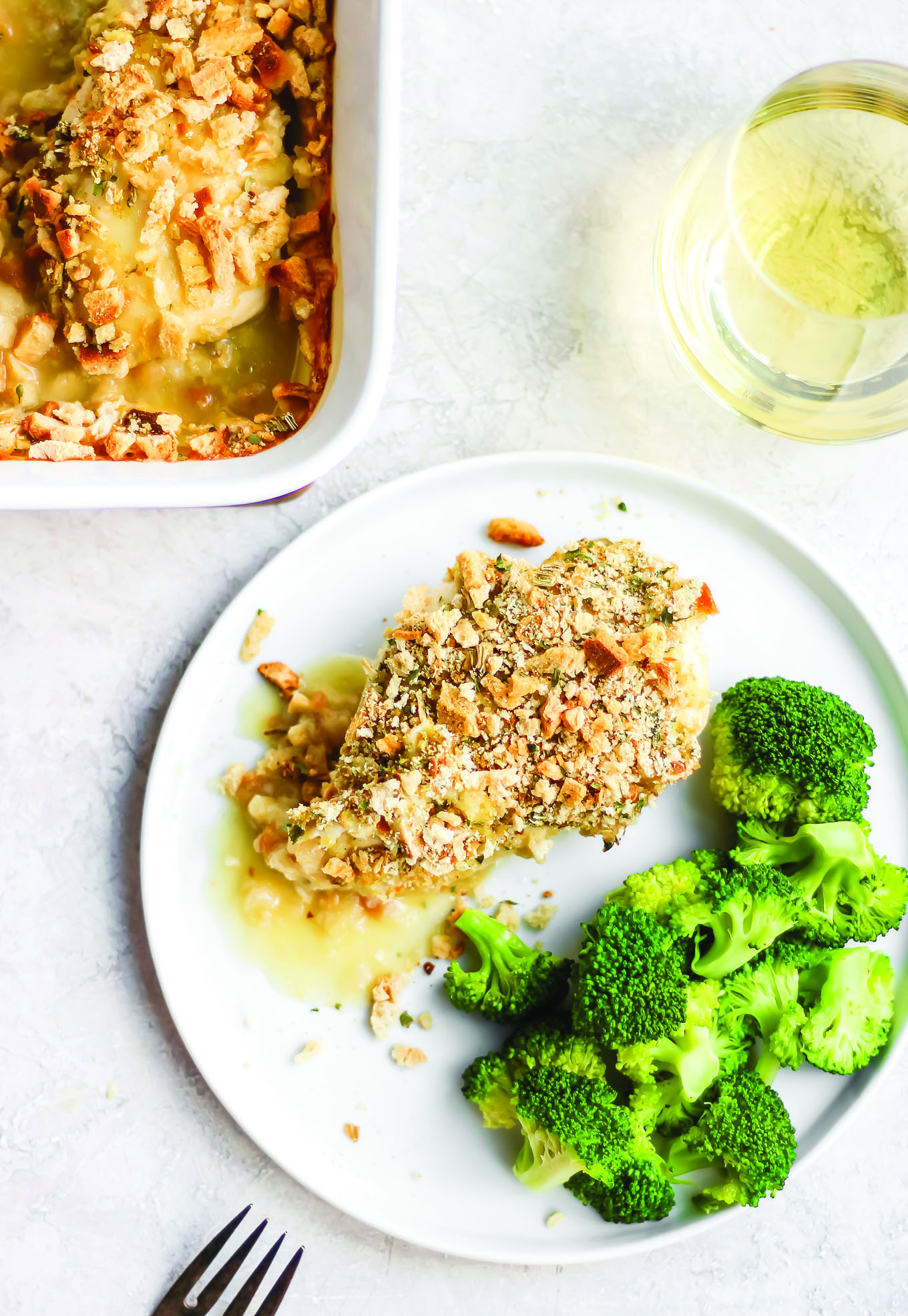 This recipe uses a mixture of cream of chicken soup and chardonnay wine to baste the chicken breasts.