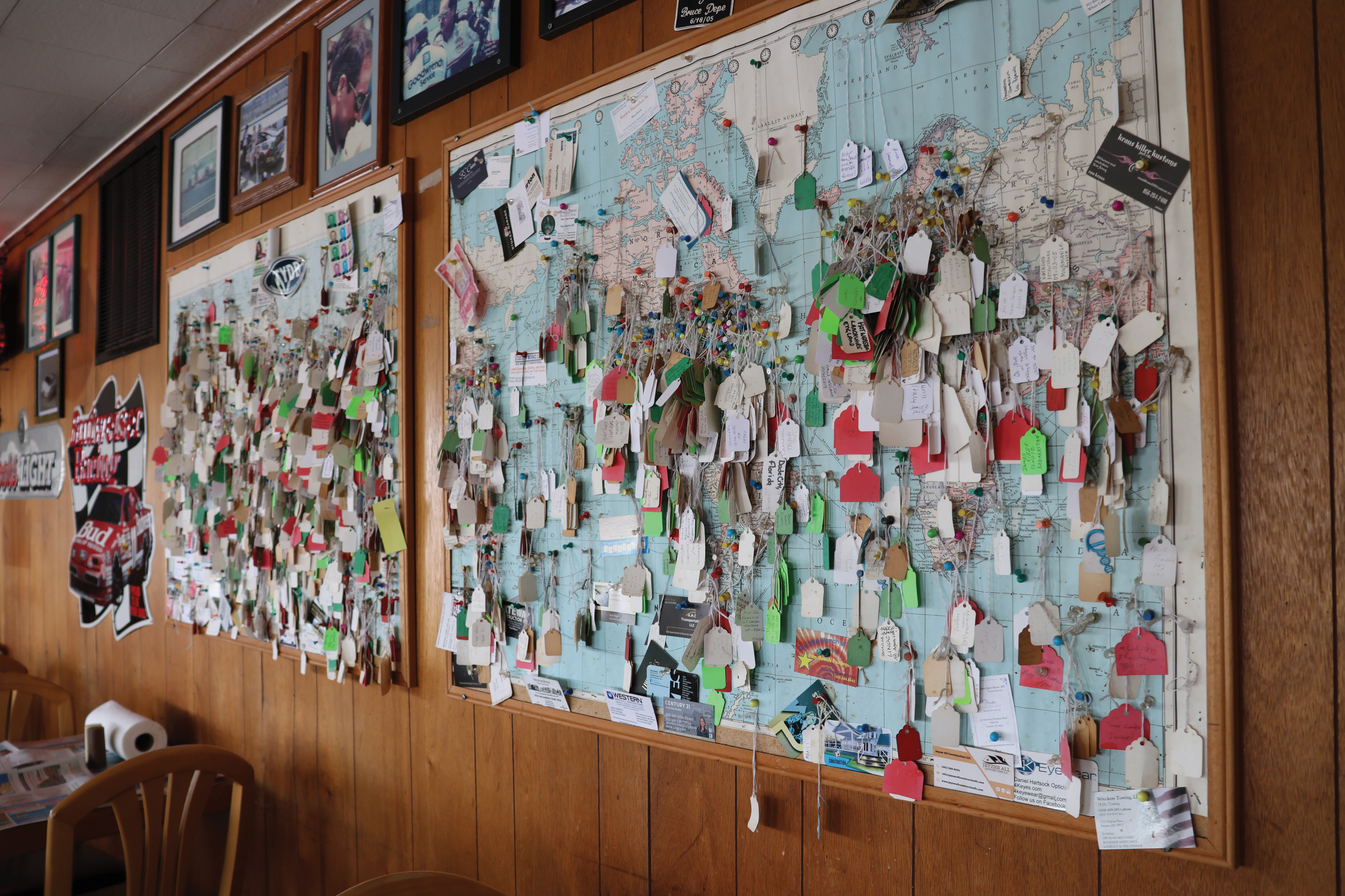 The walls of Sambo's dining areas feature world maps covered in tags that show where various guests from over the decades call home.
