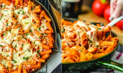 Pasta in black skillet