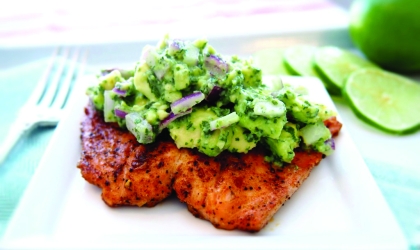 Salmon topped with avocado