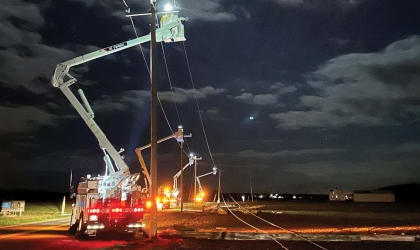 Crews respond to damages caused by an EF-3 tornado that struck DEC service territory in 2023.