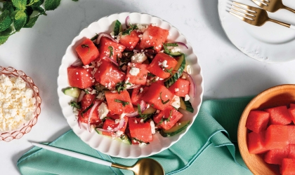 Watermelon Salad with Feta and Mint, served in a bowl.