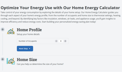 A photo of DEC's Home Energy Calculator from the Co-op's website, highlighting some of the options this resource uses to calculate a home's energy usage.