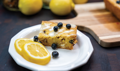 Photo of this month's featured recipe for DEC's Recipe Corner: Easy Lemon Blueberry Bars, plated with lemon slices and blueberries.