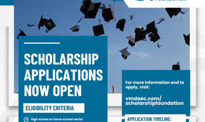 Graphic featuring graduation caps tossed into the air, highlighting eligibility information for the VMDAEC Education Scholarship Foundation's 2026 scholarship opportunity