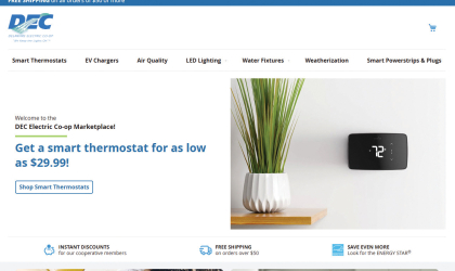 A photo of the homepage of the DEC Online Marketplace, highlighting discounted energy-saving items offered to Co-op members.