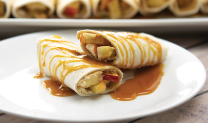 This month's featured recipe — Caramel Apple Wraps — presented on a plate, ready to serve.