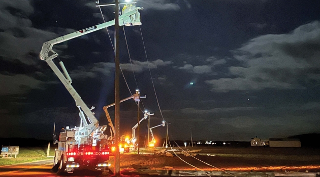 Crews respond to damages caused by an EF-3 tornado that struck DEC service territory in 2023.