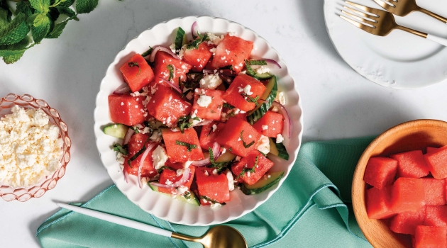 Watermelon Salad with Feta and Mint, served in a bowl.