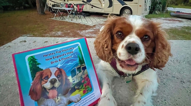 Erik and Jeanne Anderson's canine companion Hershey Pup poses with the book about he and the couple's national park travels.