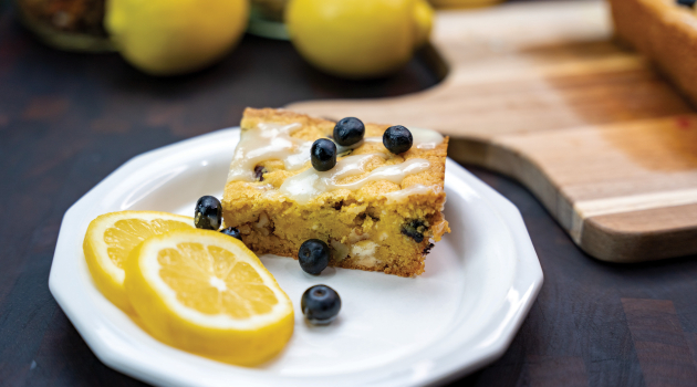 Photo of this month's featured recipe for DEC's Recipe Corner: Easy Lemon Blueberry Bars, plated with lemon slices and blueberries.