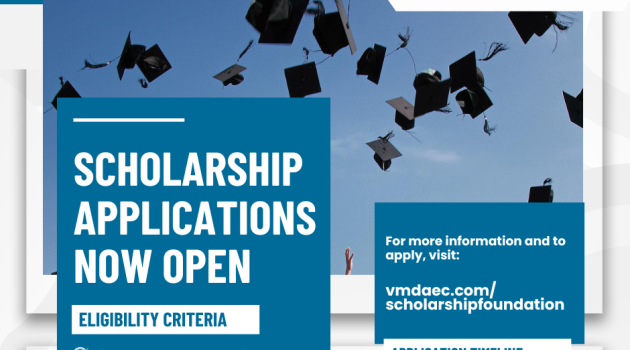 Graphic featuring graduation caps tossed into the air, highlighting eligibility information for the VMDAEC Education Scholarship Foundation's 2026 scholarship opportunity