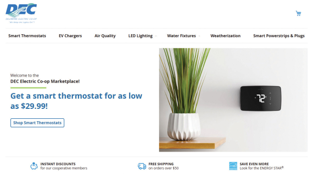 A photo of the homepage of the DEC Online Marketplace, highlighting discounted energy-saving items offered to Co-op members.