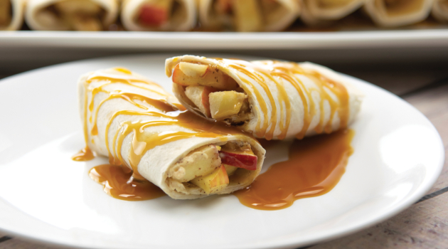 This month's featured recipe — Caramel Apple Wraps — presented on a plate, ready to serve.