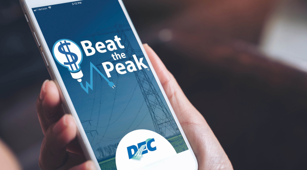 A member opens the Beat the Peak app on their phone. Using the app, members can receive notifications when DEC issues peak alerts, see how much money the program has saved members throughout the years and find tips on the best ways to save energy.